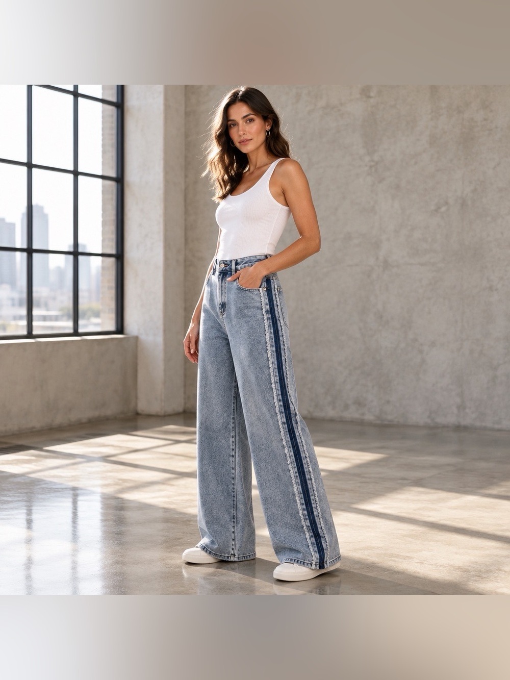 Two Tone Wide Leg Jeans Size 6 Light Wash Frayed Side Seam Contrast Denim